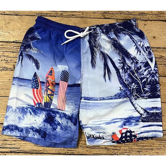 Trunks Surf & Swim Co Men’s Size M Blue Surf Tables Print Swim Trunks NWOT - Picture 1 of 7